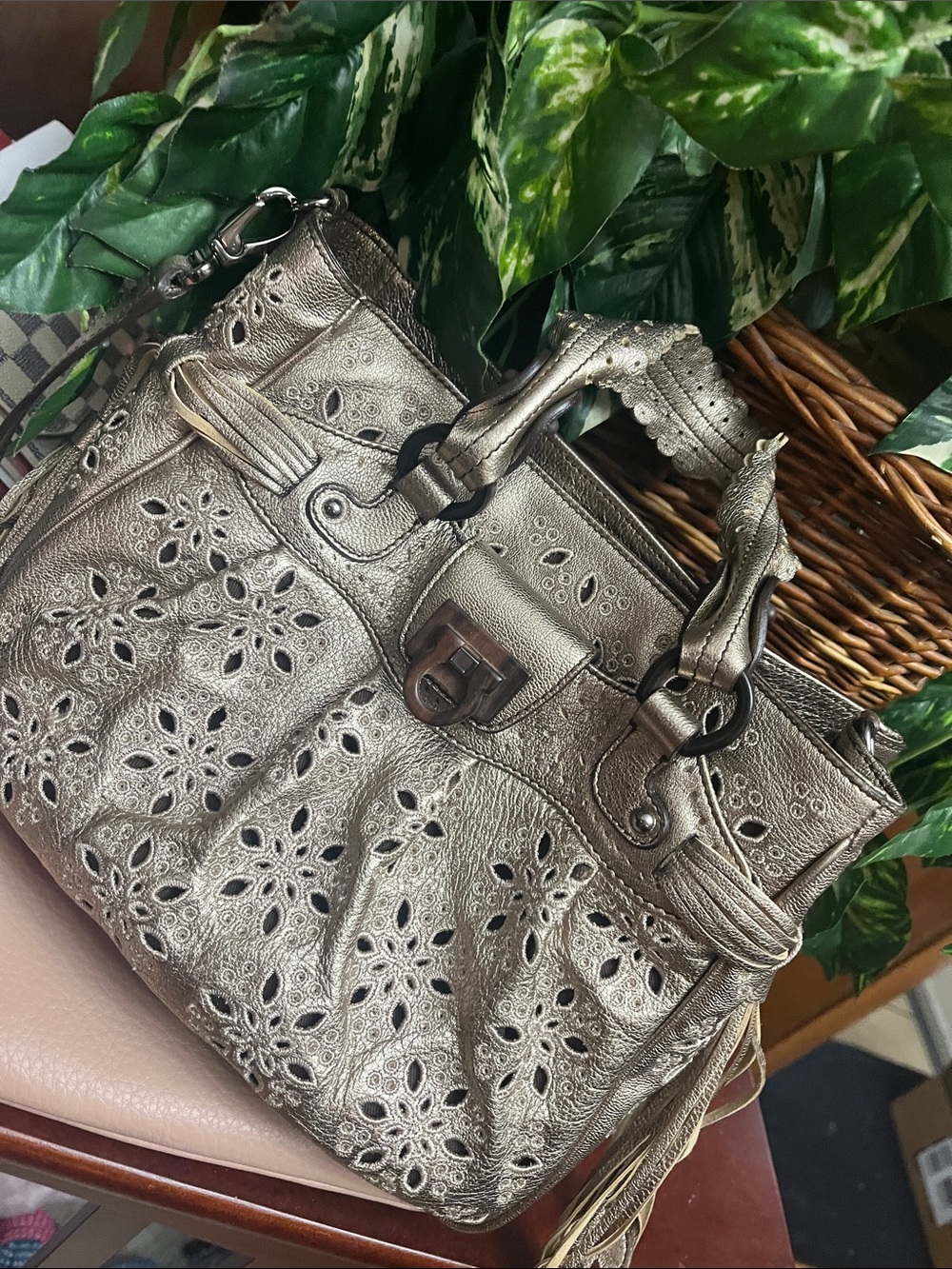 Salvatore Ferragamo Metallic Gold Floral Cutout Shoulder Tote